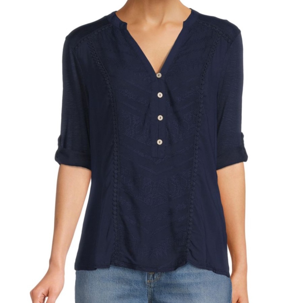 Democracy Women's Tab Cuff Elbow Sleeve Shirt new navy petite small